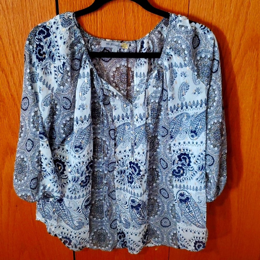 Sheer Blue and White with Gold Accent Blouse